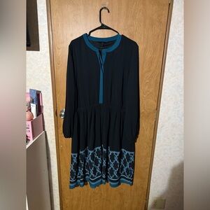 Lane Bryant Black Midi Dress with Teal Trim and Patterned Hem